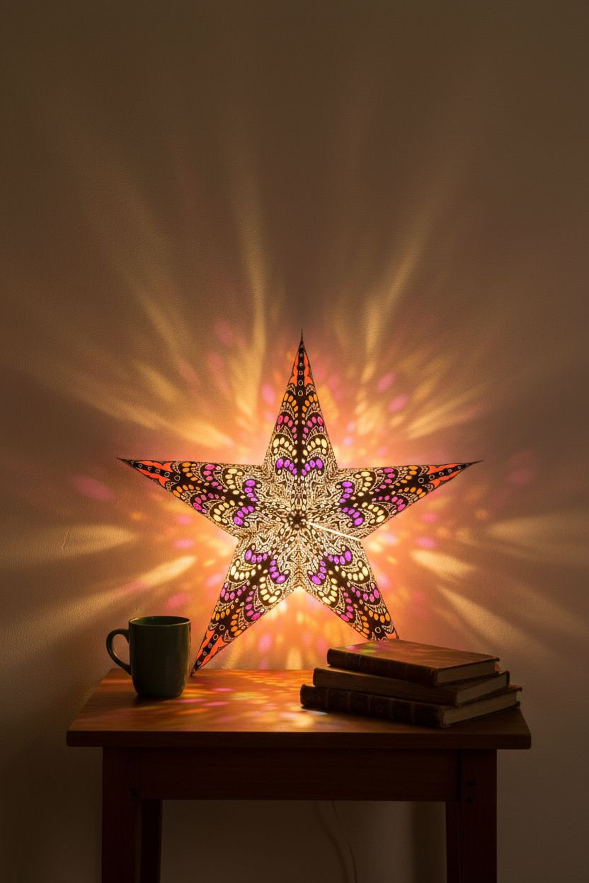 Papieren Ster Zwart met kleurtjes