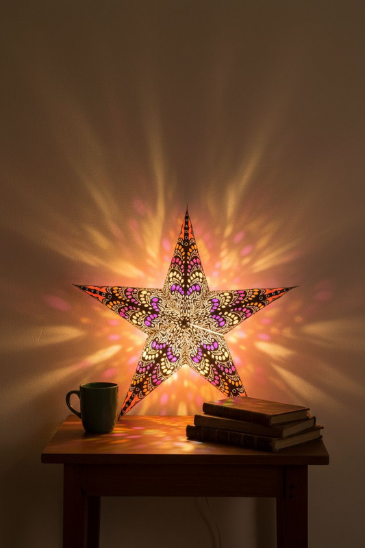 Papieren Ster Zwart met kleurtjes